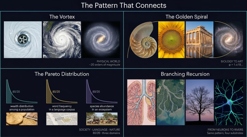 Patrones recurrentes en ecología, economía, lenguaje, anatomía, ríos, huracanes, galaxias y vórtices